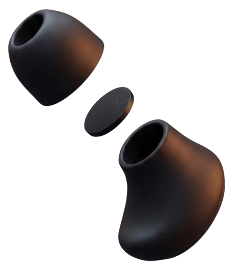 Black earbud on a white background