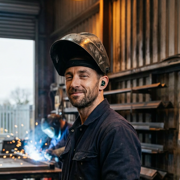 a male welder wearing blok. levels earplug in an industrial setting.